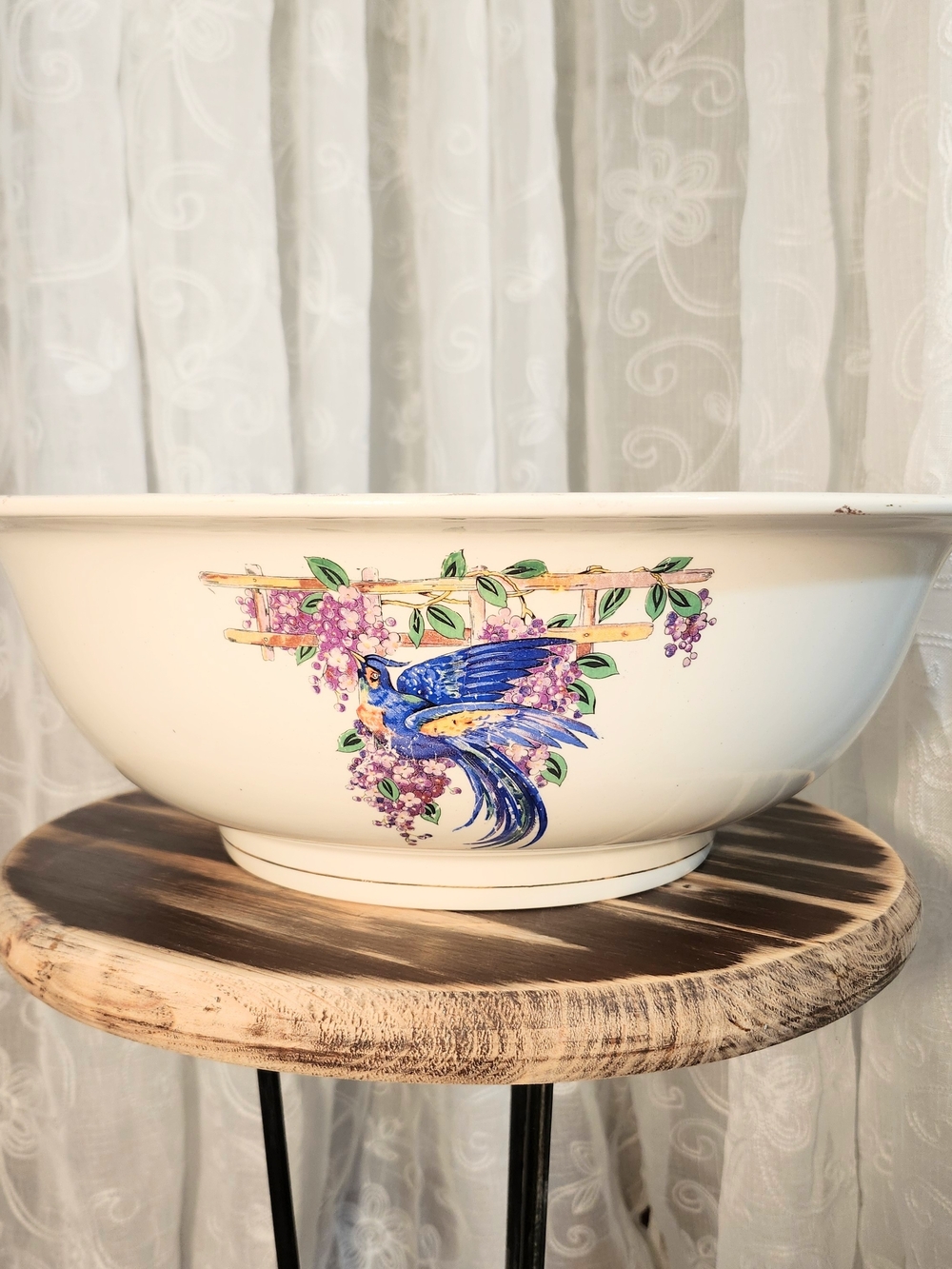 Vintage Ceramic Wash Basin Bowl – Blue Bird & Floral Design – 17" x 5"